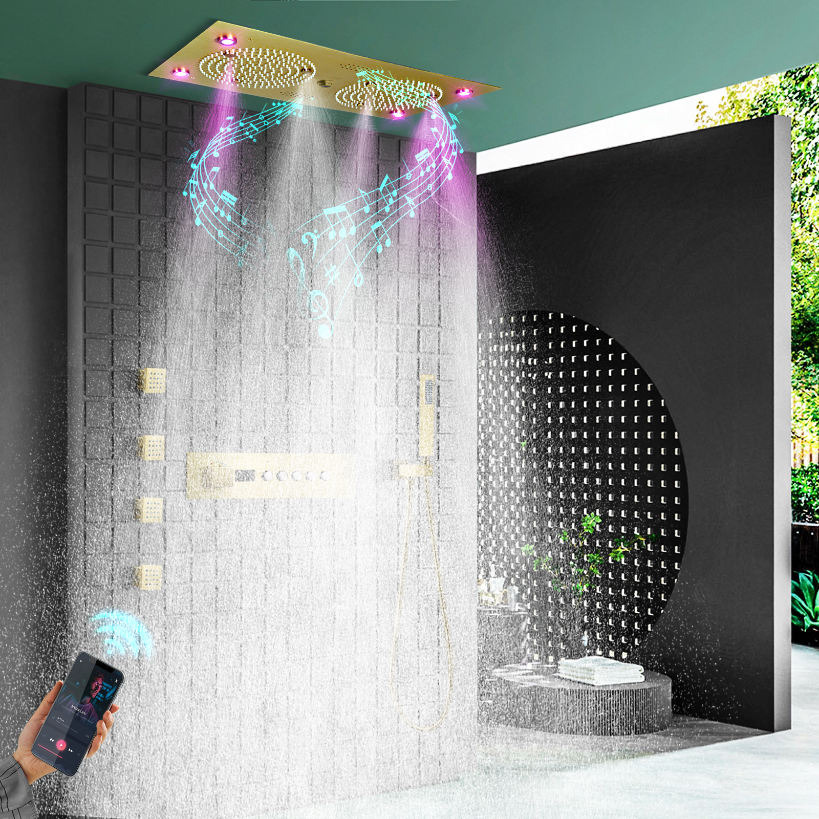 Juego de Sistema de ducha musical LED de Oro pulido de 24,5x12,5 pulgadas, cabezal de masaje de dragón de agua con altura y temperatura para ducha de baño, inyección