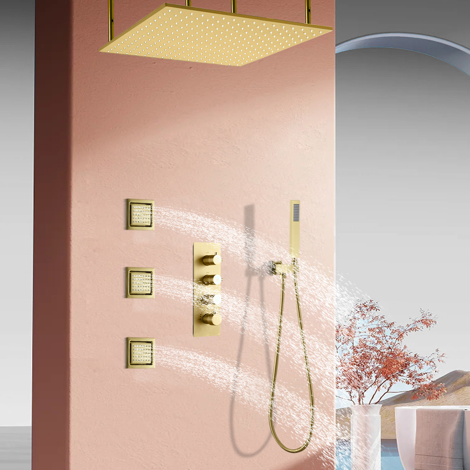 Juego de mezclador de ducha oculto dorado para baño y ducha montado en la pared con cabezal de ducha tipo lluvia