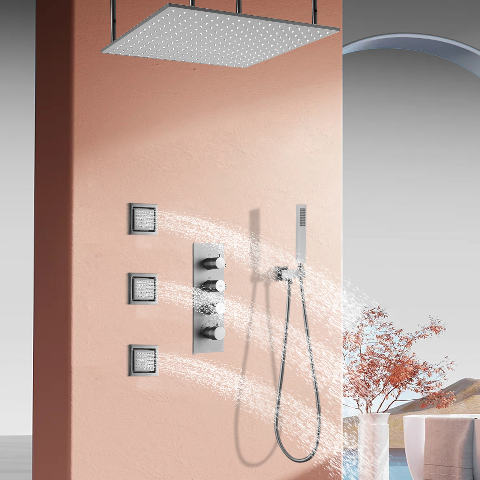 Grifo de ducha de lluvia cepillado de 50x50CM, conjunto de ducha de tres funciones montado en la pared de oro negro con cabezal de ducha de masaje con pulverización lateral