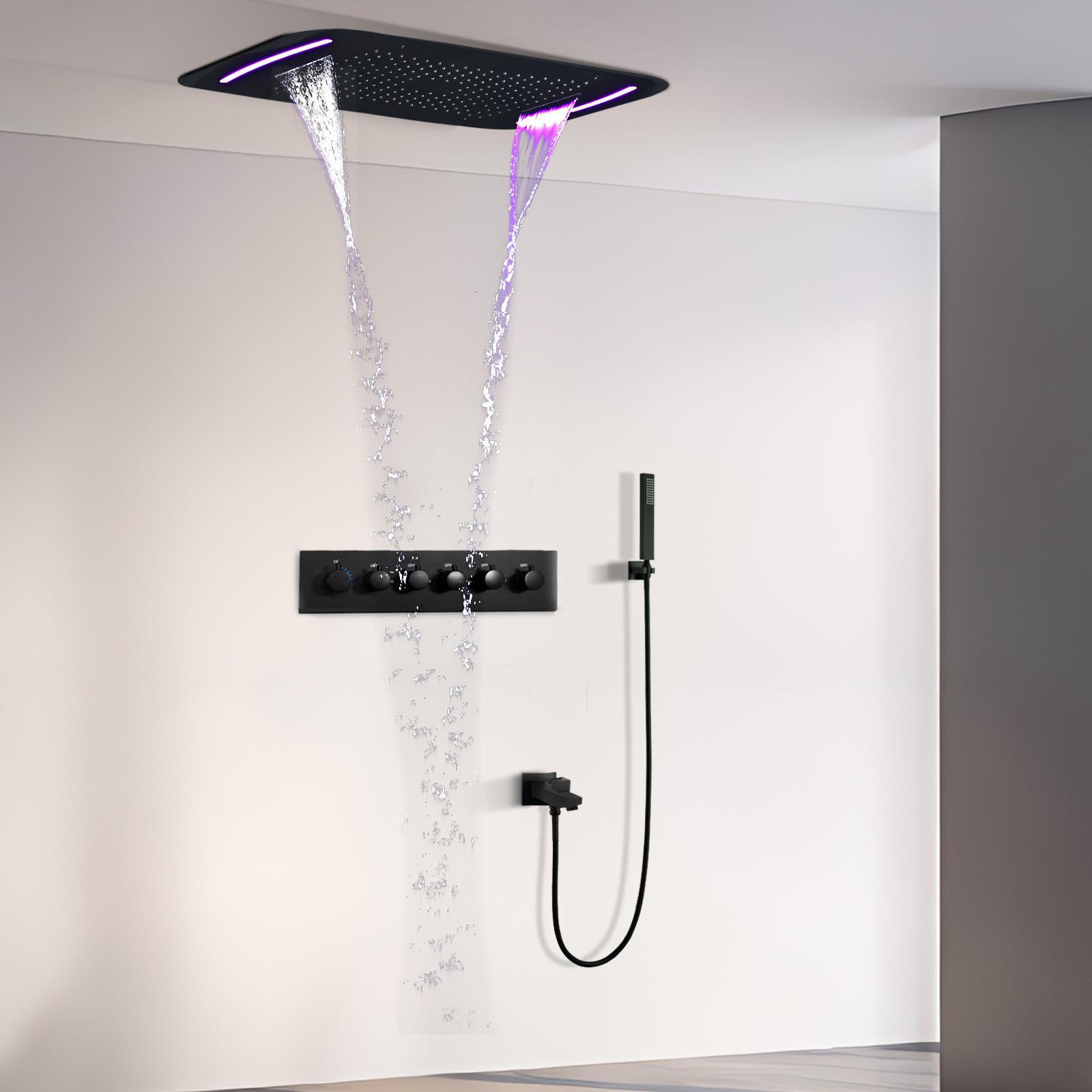 Sistema de ducha LED negro de 71x43cm con techo, gran masaje, temperatura constante, cascada, cabezal de ducha de agua de lluvia, grifo mezclador