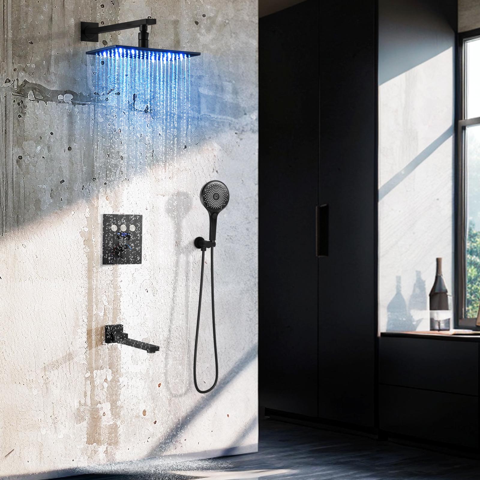 Sistema de ducha LED al por mayor, cabezal de ducha de lluvia montado en la pared, conjunto de cabezal de ducha negro
