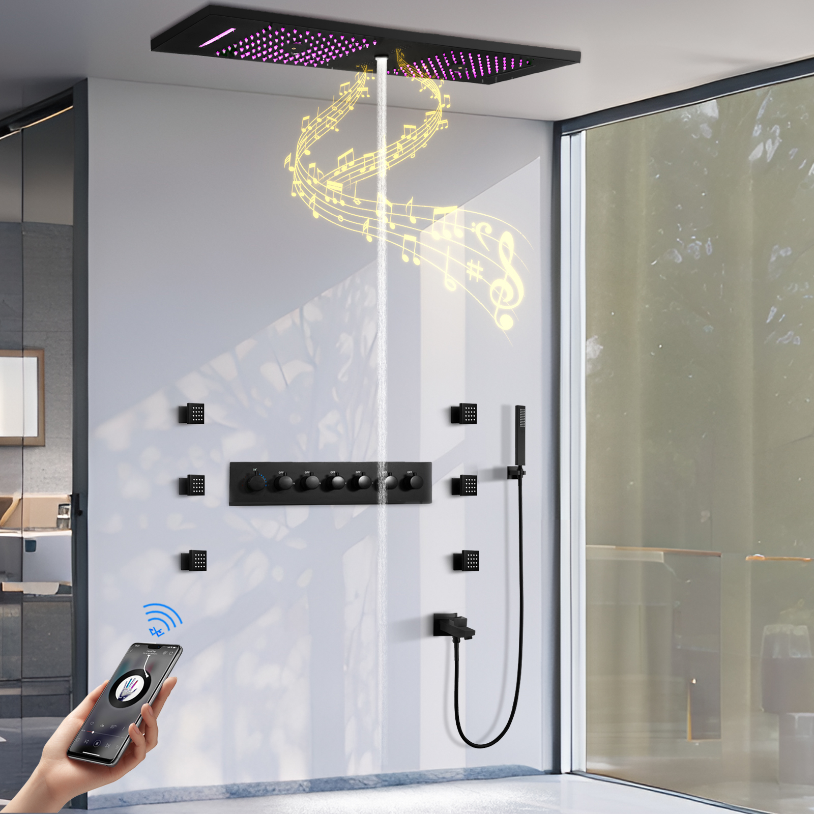 Grifo de agua de ducha de temperatura constante LED de cascada de lluvia para baño con chorro de ducha y ducha con función musical