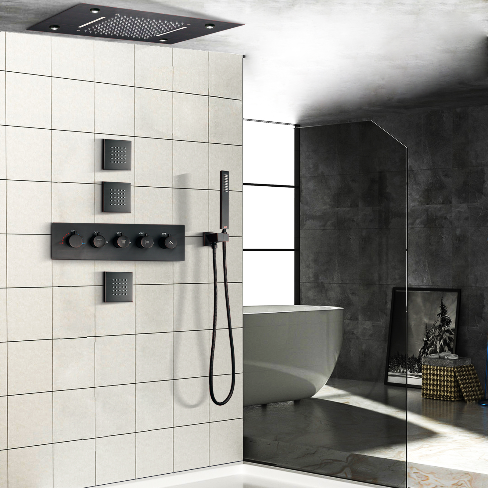 Sistema de ducha termostática de bronce frotado con aceite, juego de ducha oculta LED de 50x36 CM con cascada de Spa y lluvia