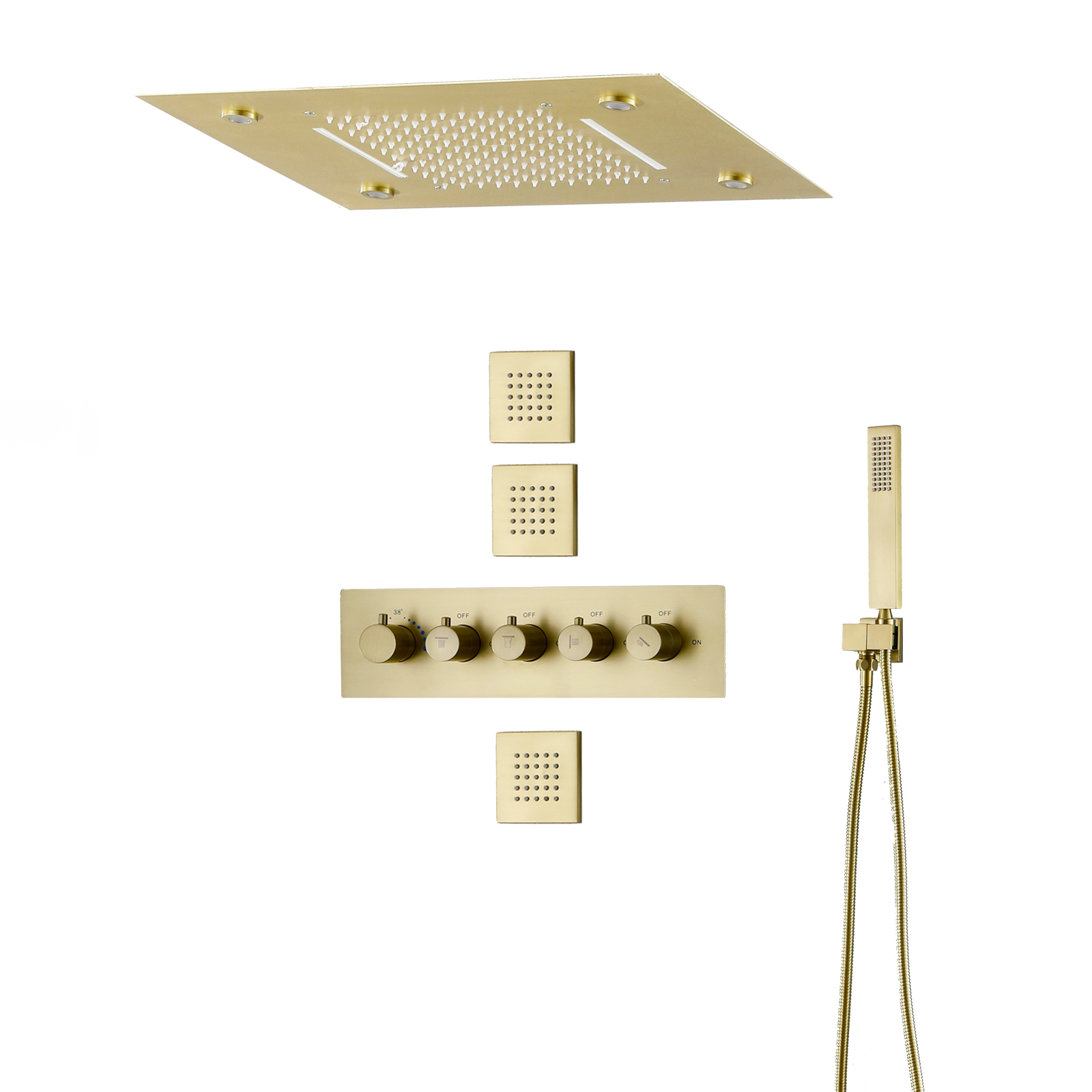 Sistema de ducha de lluvia termostática de oro cepillado mezclador de baño con cabezal de ducha tipo lluvia en cascada LED de 14 x 20 pulgadas