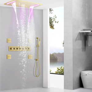 Mezclador de ducha termostático de Oro pulido de lujo, 710x430 MM, LED, cascada de baño, cabezal de ducha oculto, Spa de masaje