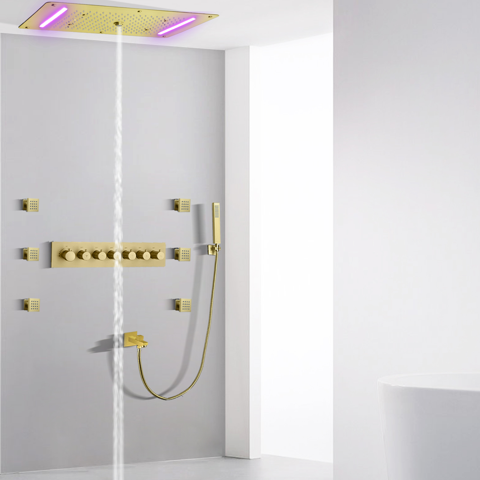 Juego de mezclador de ducha de temperatura de Oro pulido, sistema de ducha oculto de lluvia multifunción LED de 70x38 CM para baño