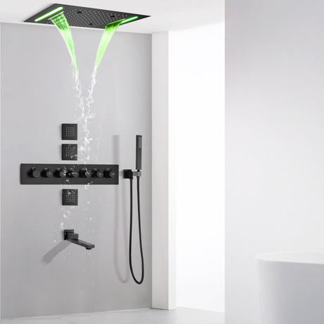 Juego de mezclador de ducha negro mate, 50x36 CM, con Panel de Control LED, cascada de baño, ducha de Spa atomizadora