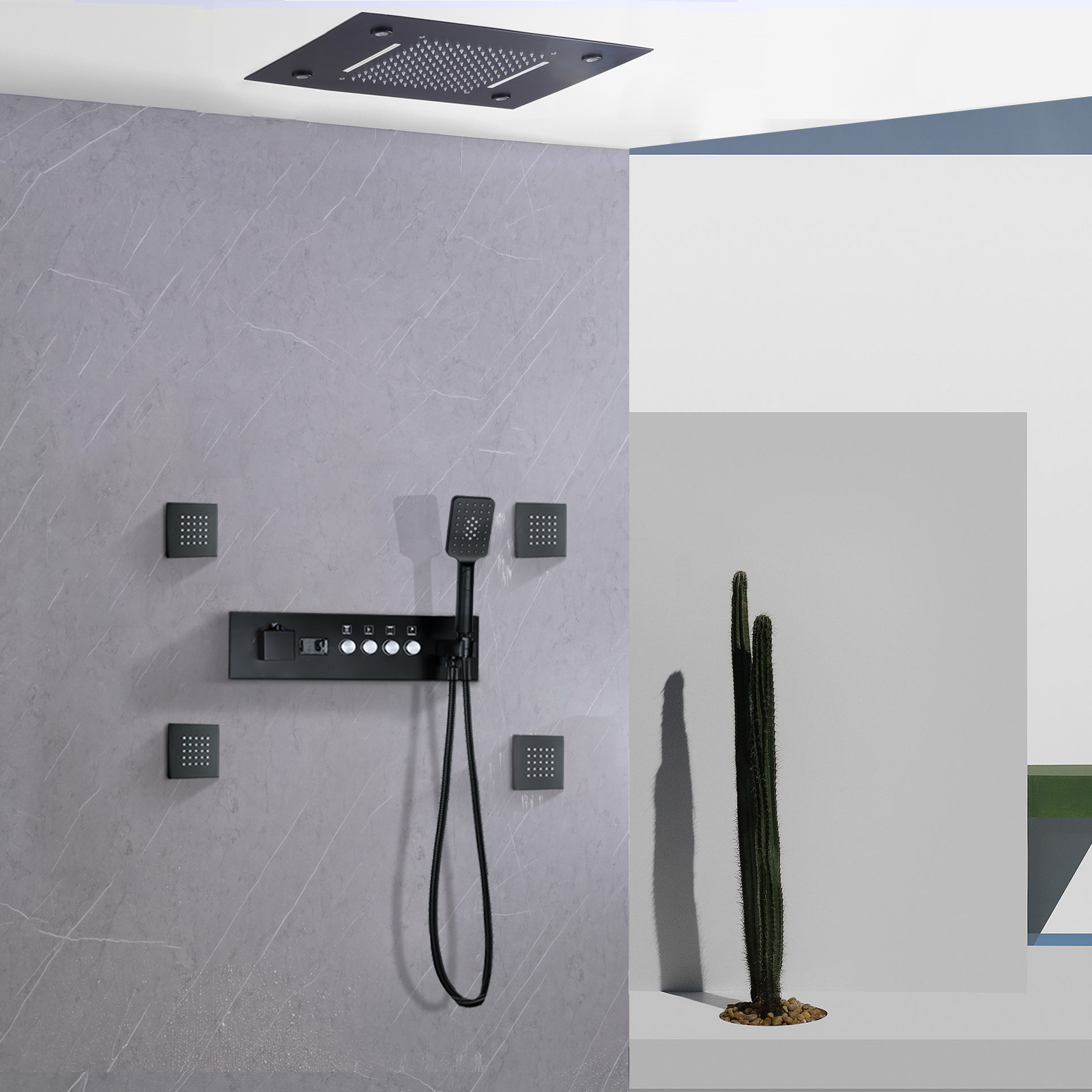Juego de grifería de ducha de 500x360MM, pantalla Digital de temperatura constante, mezcladores de ducha ocultos para baño LED negro mate