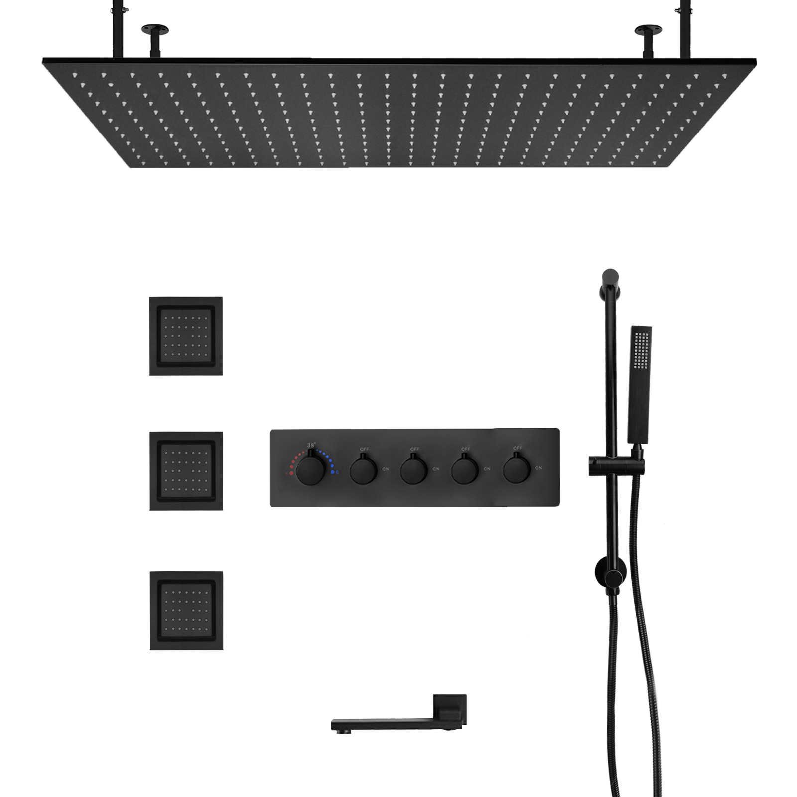 Sistema de cabezal de ducha LED de agua de lluvia grande para baño montado en la pared negro en el techo, baja la salida de agua