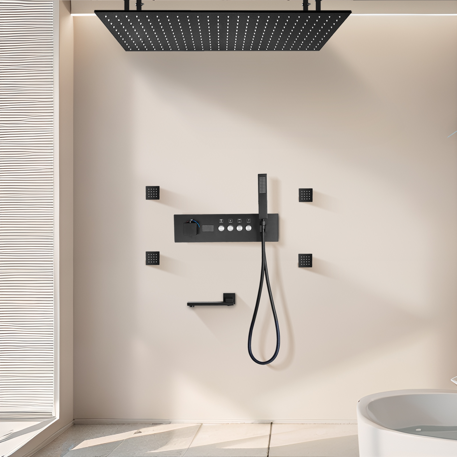 Sistema de grifo de ducha colgante para baño, cabezal de ducha de agua de lluvia LED con temperatura constante, cinta doblada fuera de la entrada de agua