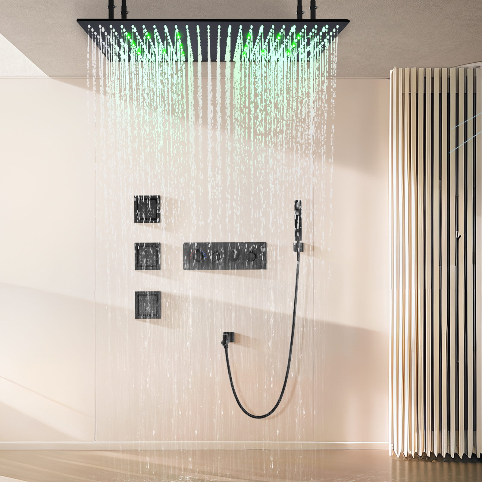 Sistema de cabezal de ducha tipo lluvia de 100x50cm negro mate de latón montado en la pared Kit de ducha LED para baño de cuatro funciones
