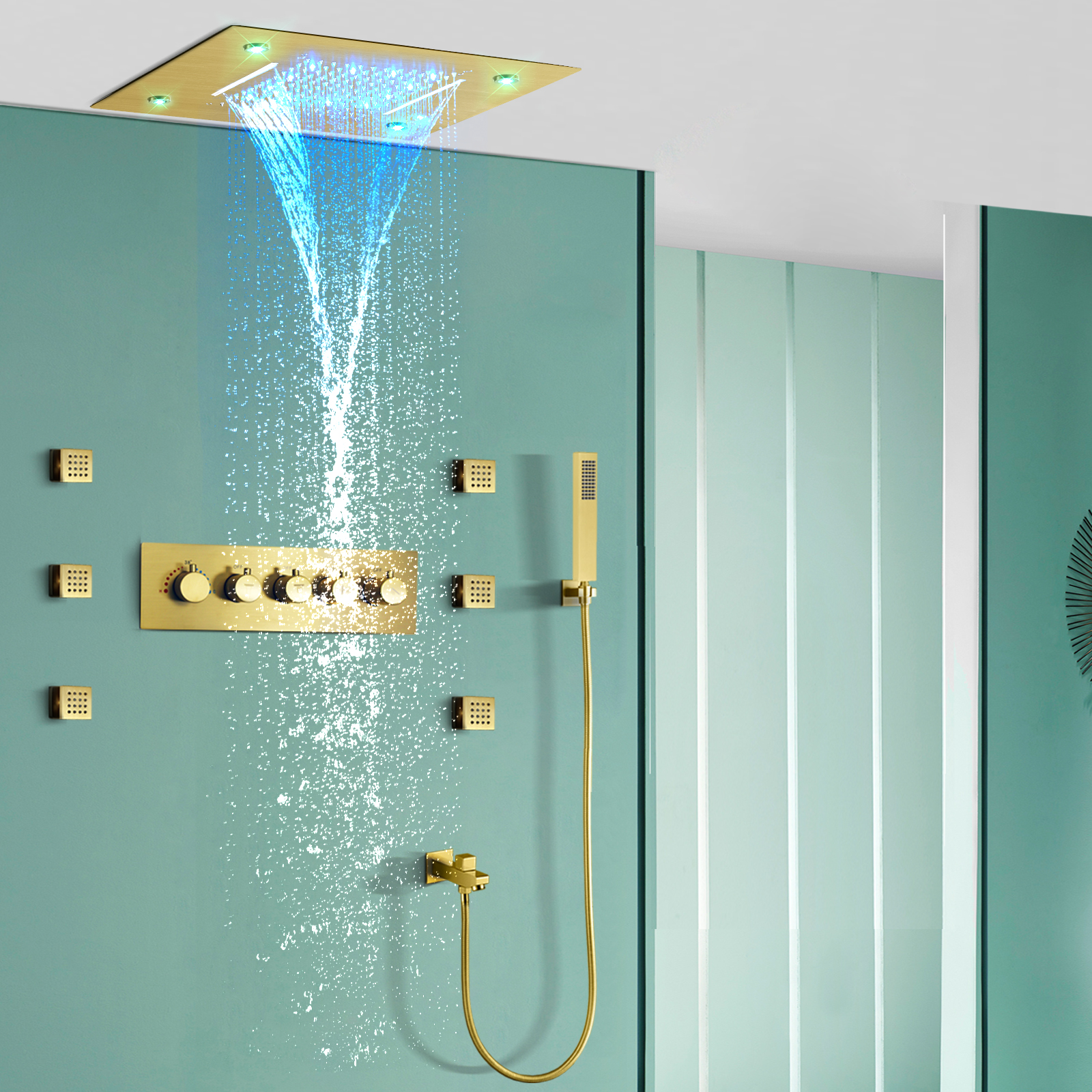 Juego de grifería con sistema de ducha en cascada y lluvia LED para techo de baño montado en la pared de 50x36CM