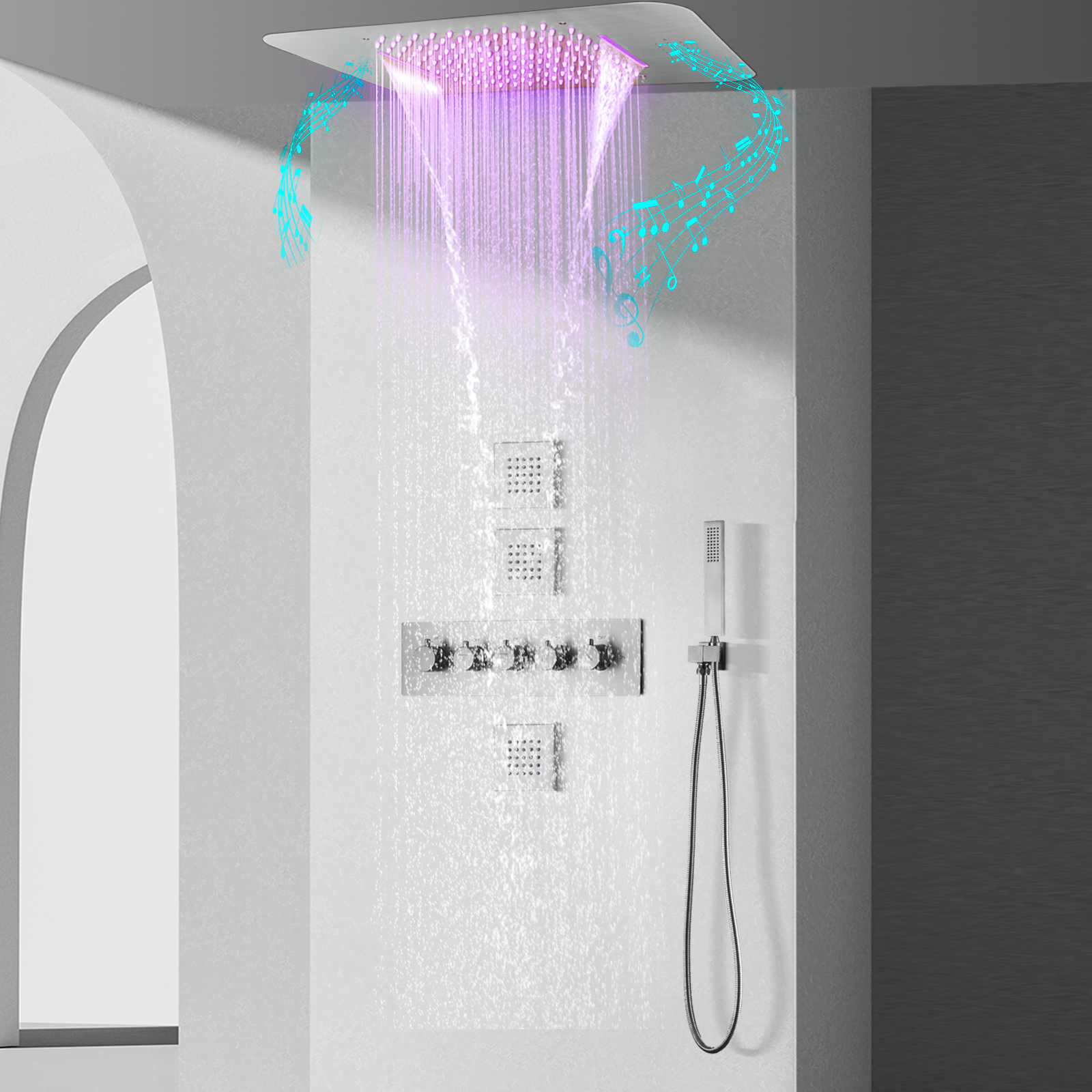 Grifo de ducha con música LED oculto, termostato de baño, Kit de latón oculto, juego de ducha de lluvia