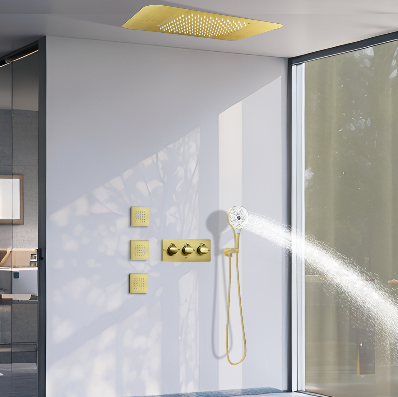 Kit de chorro de lluvia con música LED para baño, sistema de grifo de agua de ducha oculto con temperatura constante, moderno, Kit de chorro