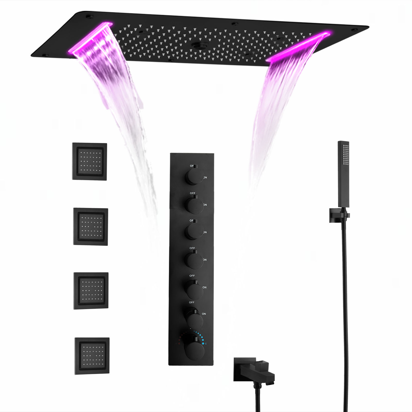 Kit de ducha multifuncional negro mate, mezclador de temperatura constante integrado en grifo de baño de ducha LED de latón