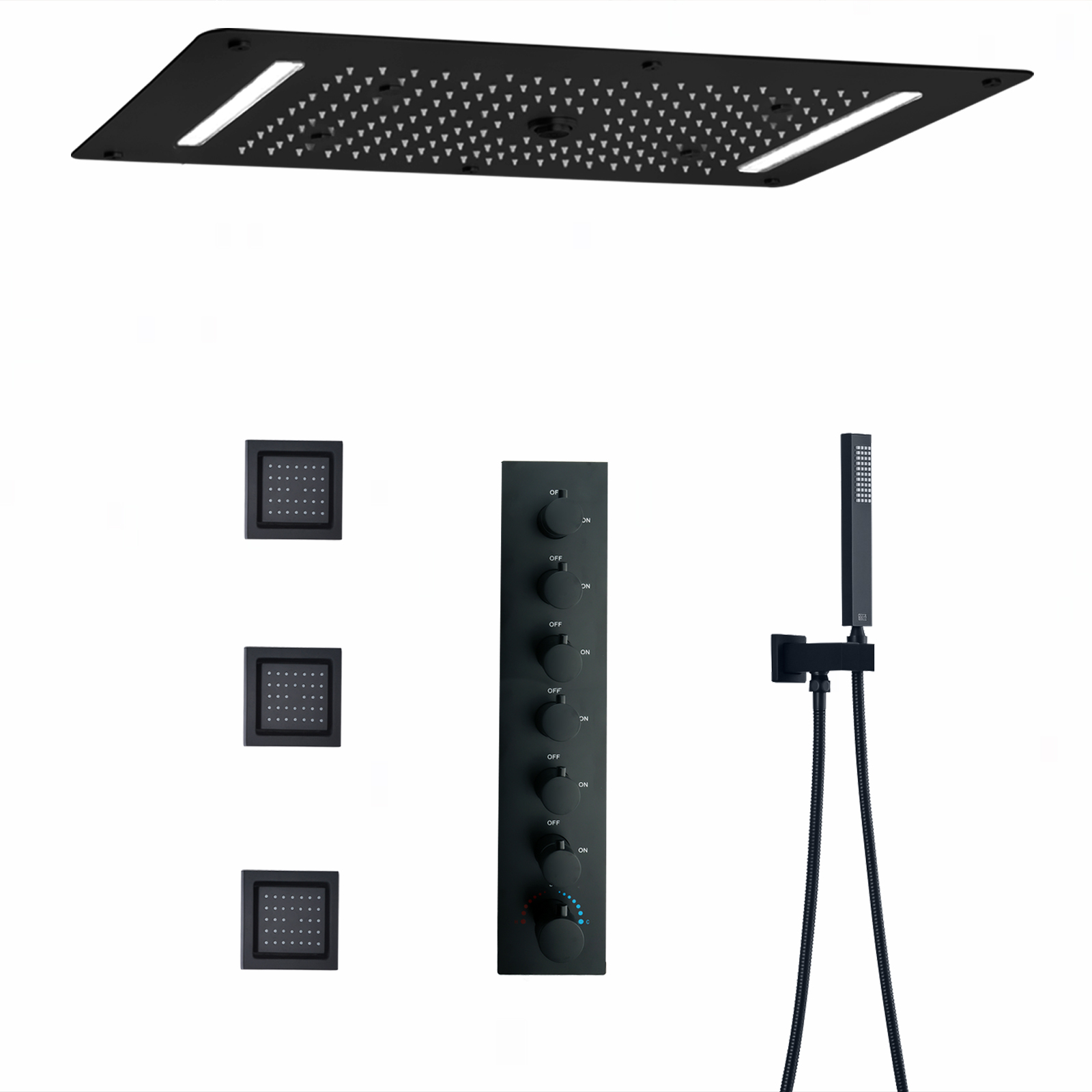 Sistema de grifo de ducha de pared de latón negro mate, juego de cabezal de ducha multifuncional con columna de lluvia de gran flujo y temperatura constante para baño