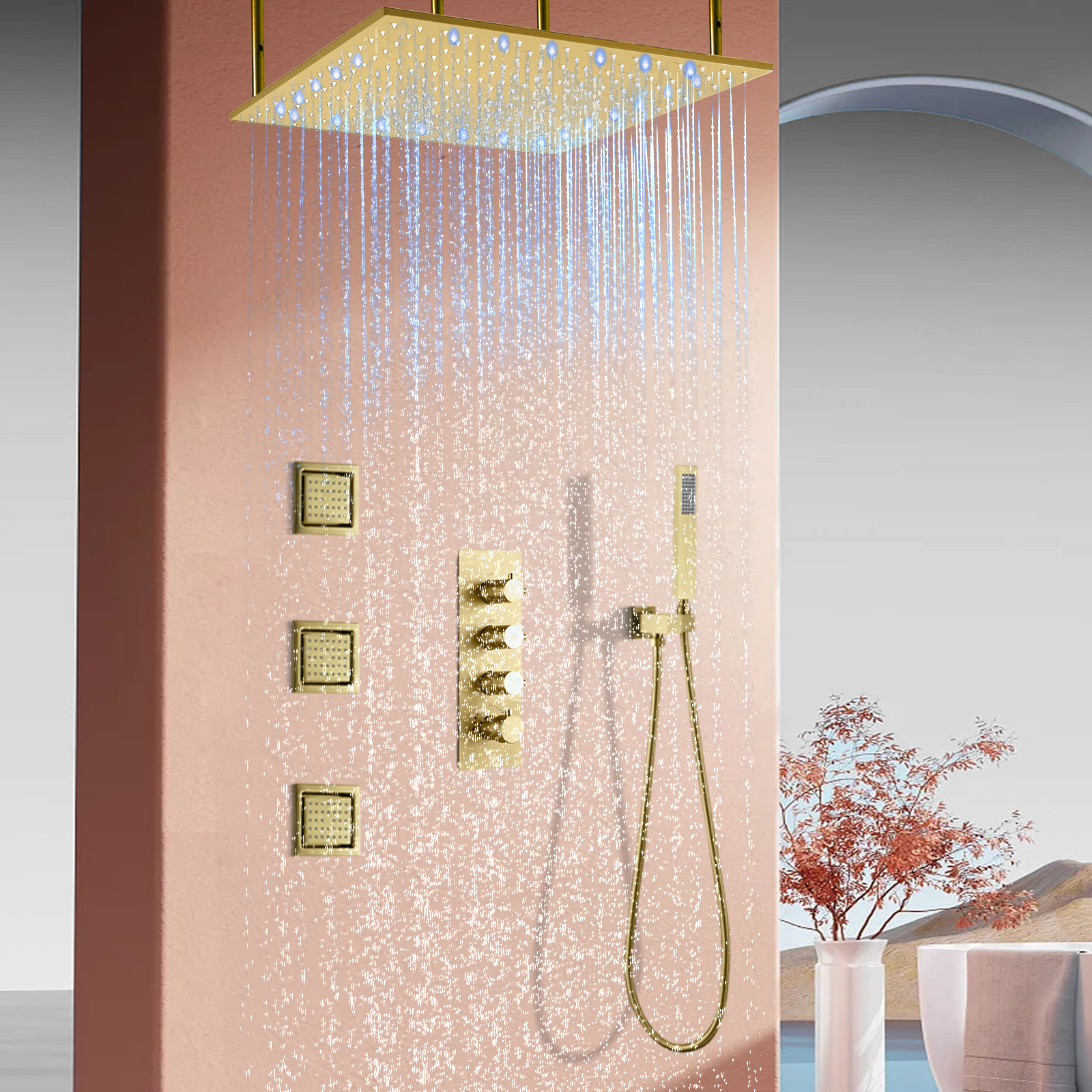 Juego de mezclador de ducha oculto dorado para baño y ducha montado en la pared con cabezal de ducha tipo lluvia