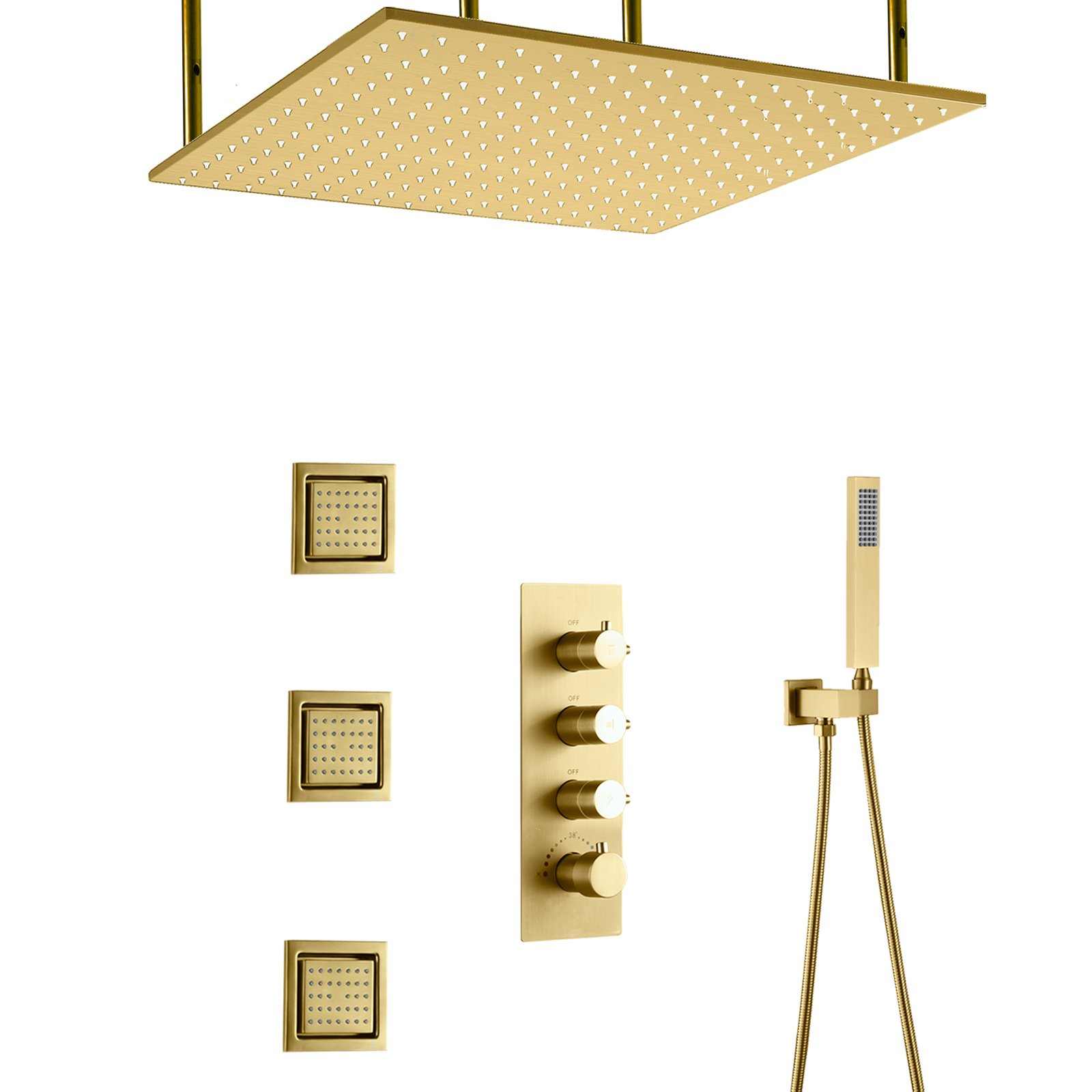 Juego de mezclador de ducha oculto dorado para baño y ducha montado en la pared con cabezal de ducha tipo lluvia