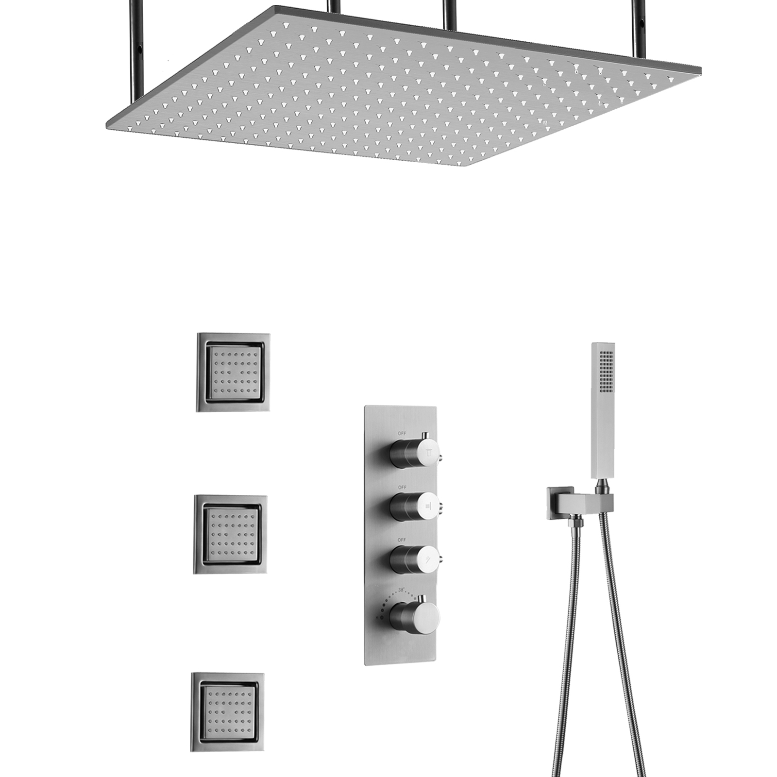 Grifo de ducha de lluvia cepillado de 50x50CM, conjunto de ducha de tres funciones montado en la pared de oro negro con cabezal de ducha de masaje con pulverización lateral