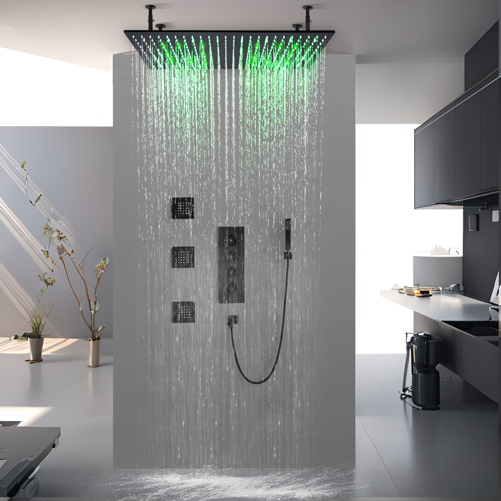 Grifo de agua grande para techo de baño, sistema de ducha LED con pulverización, banda de masaje para bajar el agua, 100x50cm