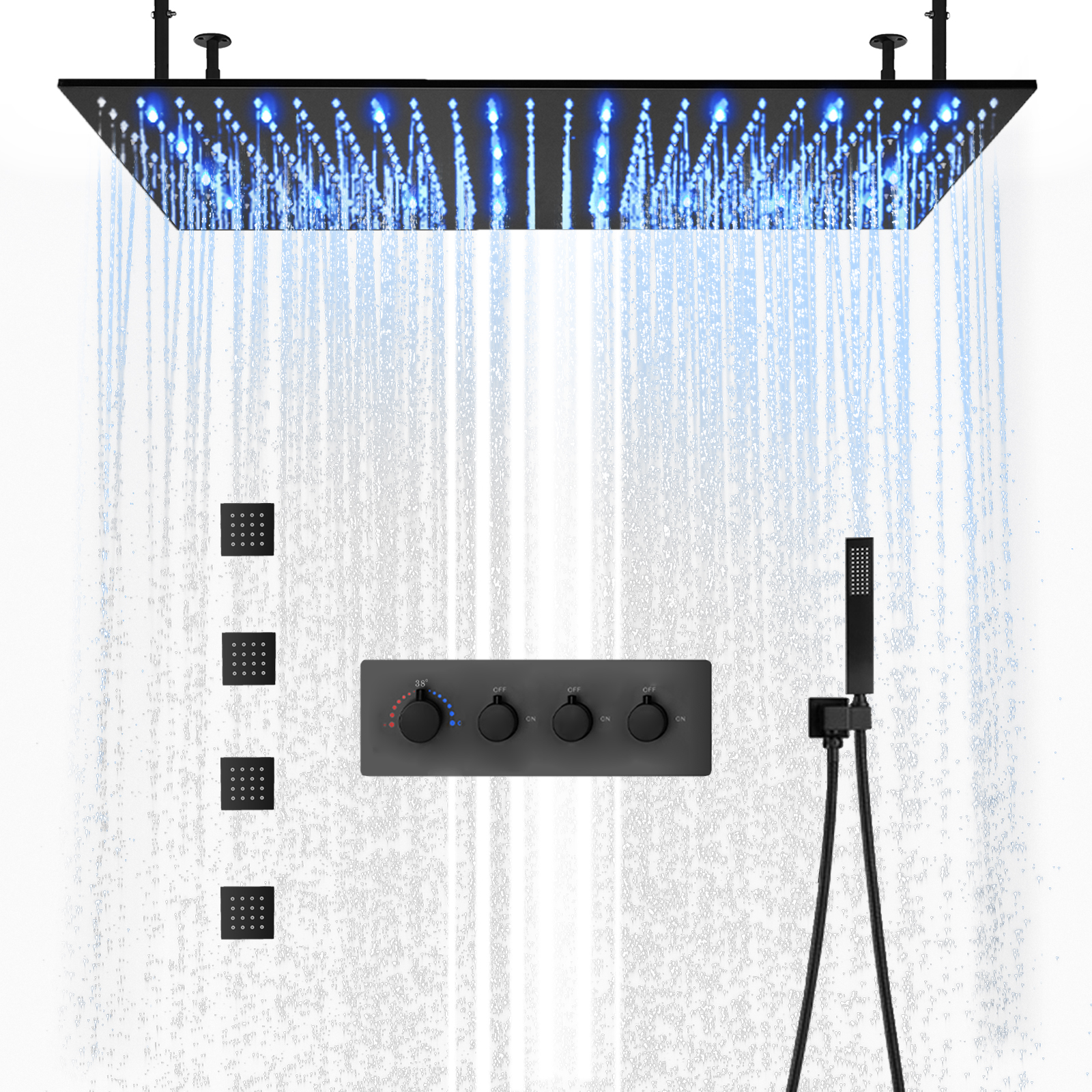 Kit combinado de ducha de temperatura constante, sistema de cabezal de ducha LED montado en la pared, color negro mate, 100x50cm