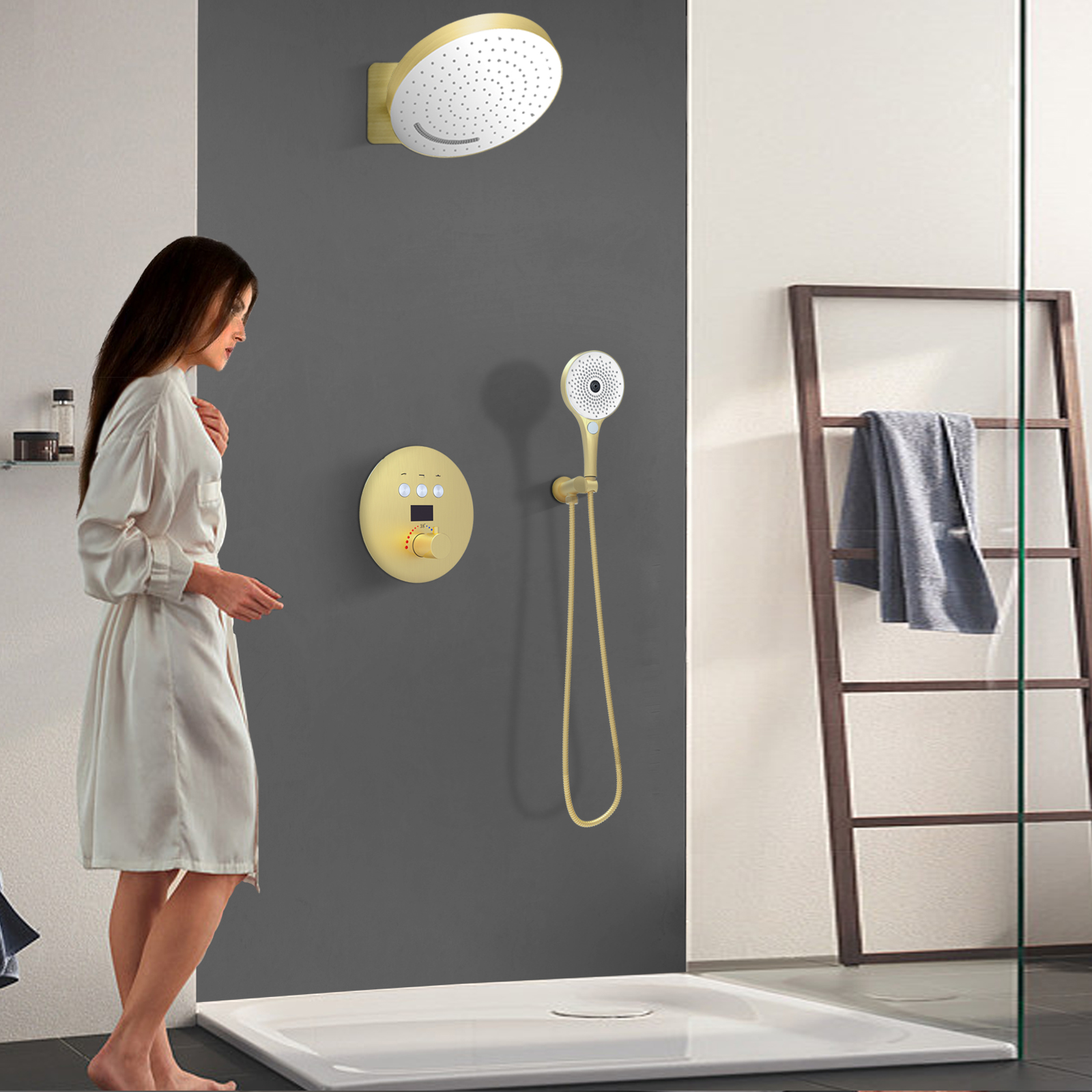 Termostato de Oro cepillado, juego de grifo con pantalla Digital, juego de sistema de chorro de masaje para ducha y bañera de baño
