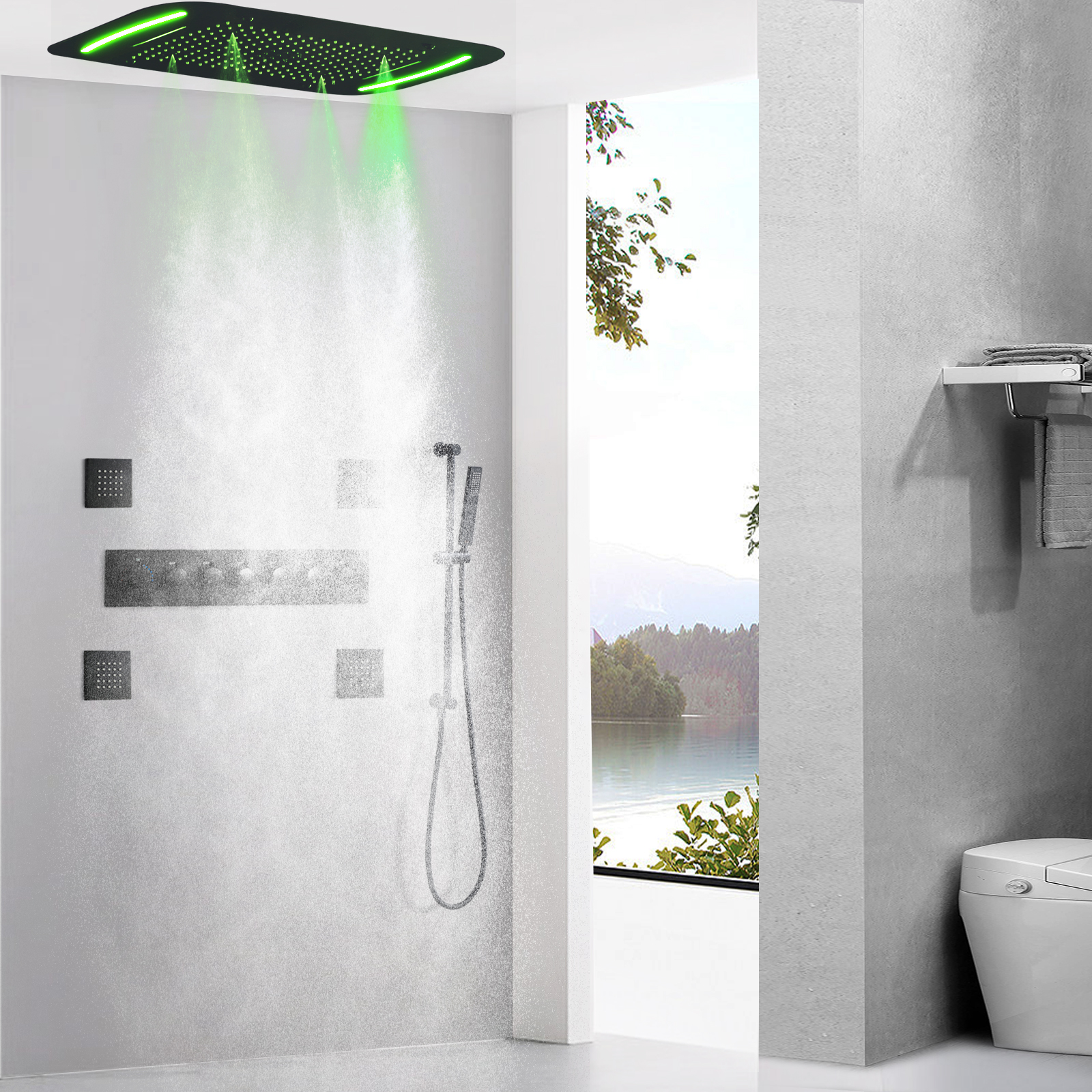 Sistema de ducha termostático negro mate, cabezal de ducha de lluvia en cascada de baño grande de 28x17 pulgadas con Panel LED