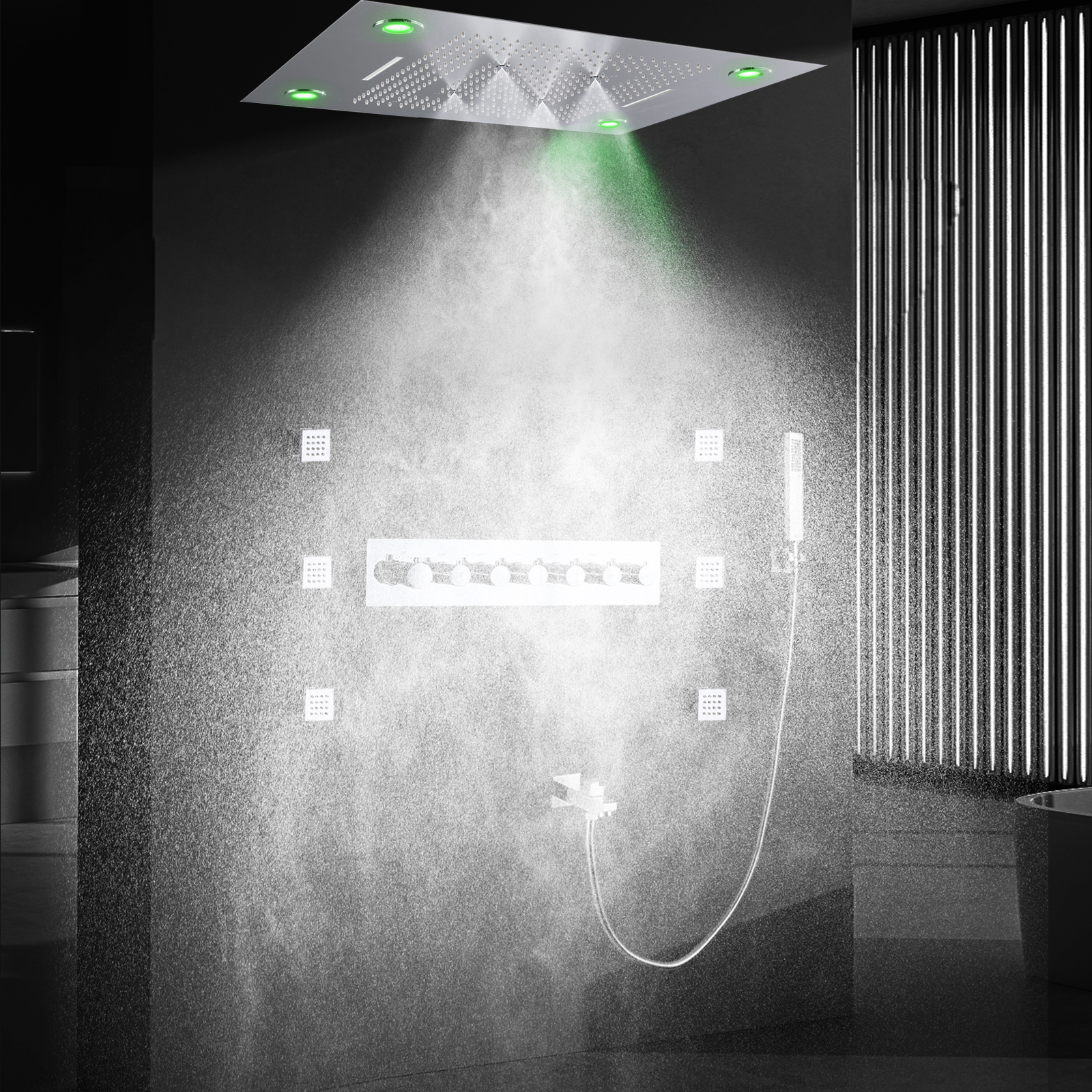 Sistema de ducha Led musical montado en el techo, cabezal de ducha de lluvia y cascada de 32x24 pulgadas, juego de mezclador de ducha termostático para baño