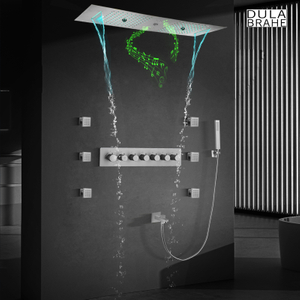 Juego de ducha LED tipo lluvia de estilo contemporáneo con mosaico cepillado y cabezal de ducha musical