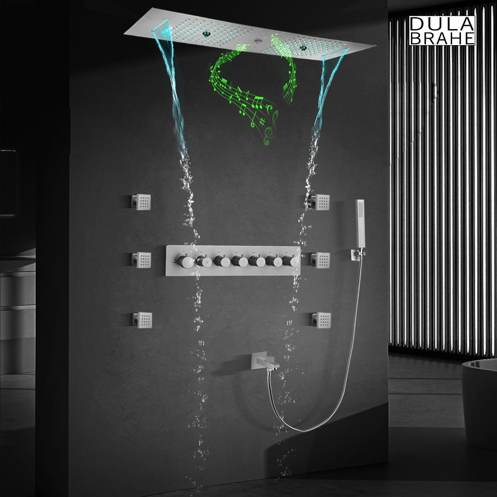 Juego de ducha LED tipo lluvia de estilo contemporáneo con mosaico cepillado y cabezal de ducha musical