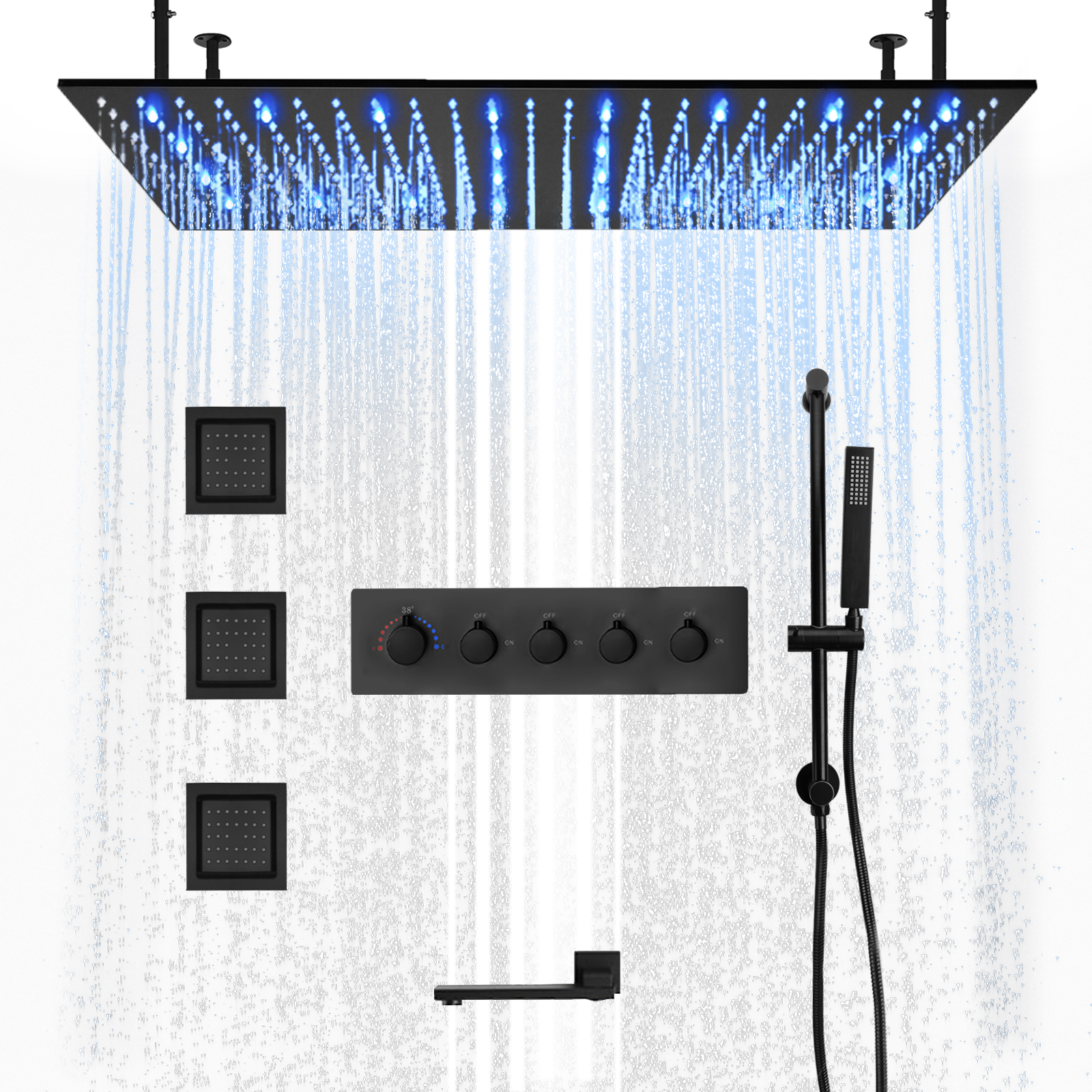 Sistema de cabezal de ducha LED de agua de lluvia grande para baño montado en la pared negro en el techo, baja la salida de agua
