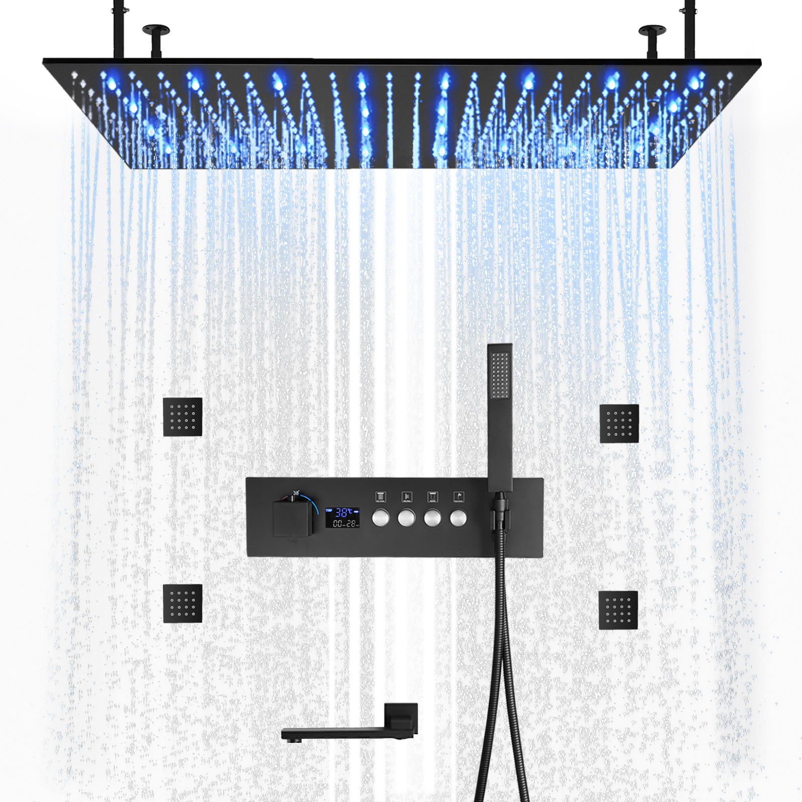 Sistema de grifo de ducha colgante para baño, cabezal de ducha de agua de lluvia LED con temperatura constante, cinta doblada fuera de la entrada de agua
