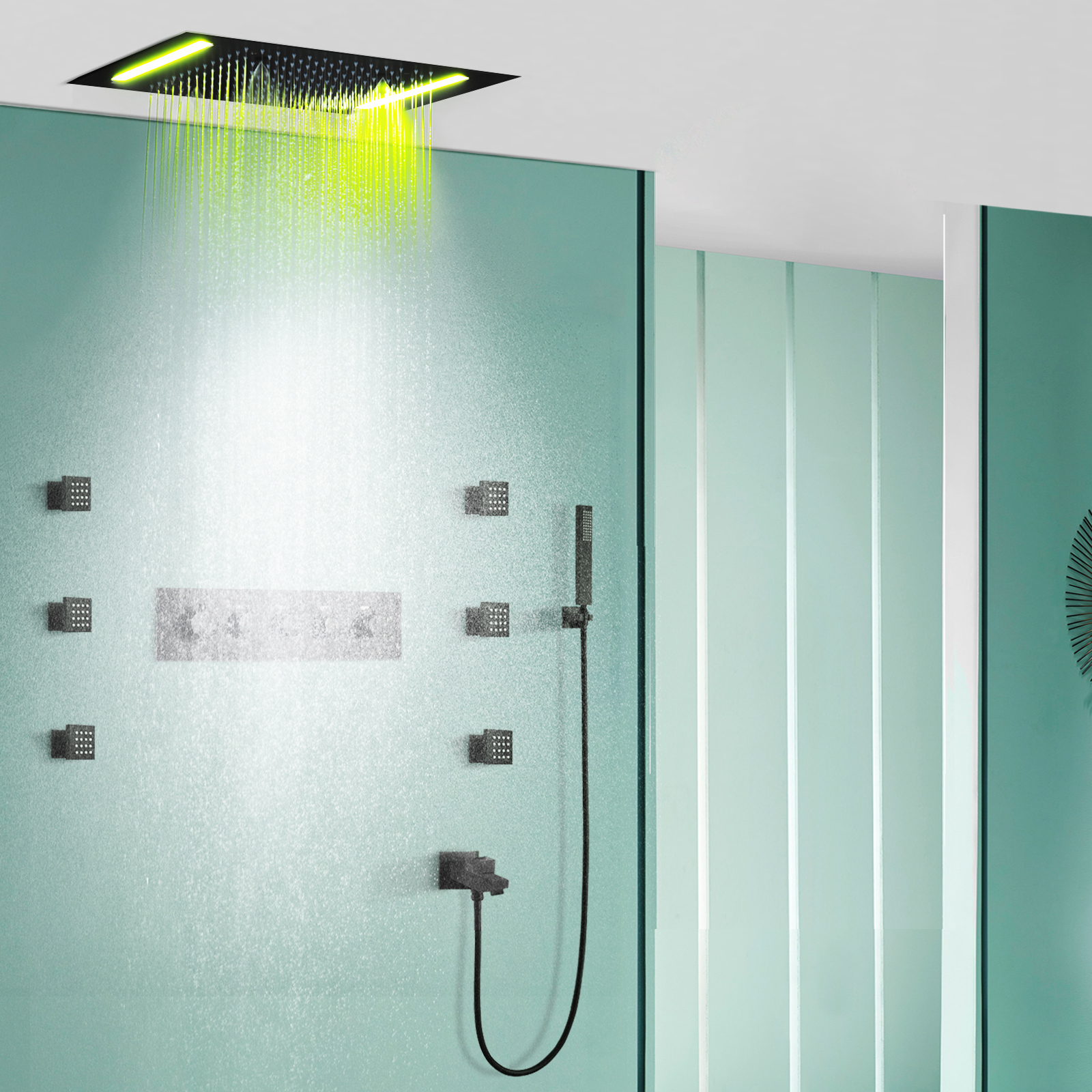 Sistema de ducha de temperatura constante negro mate de 50x36cm, sistema de ducha multifuncional LED para baño