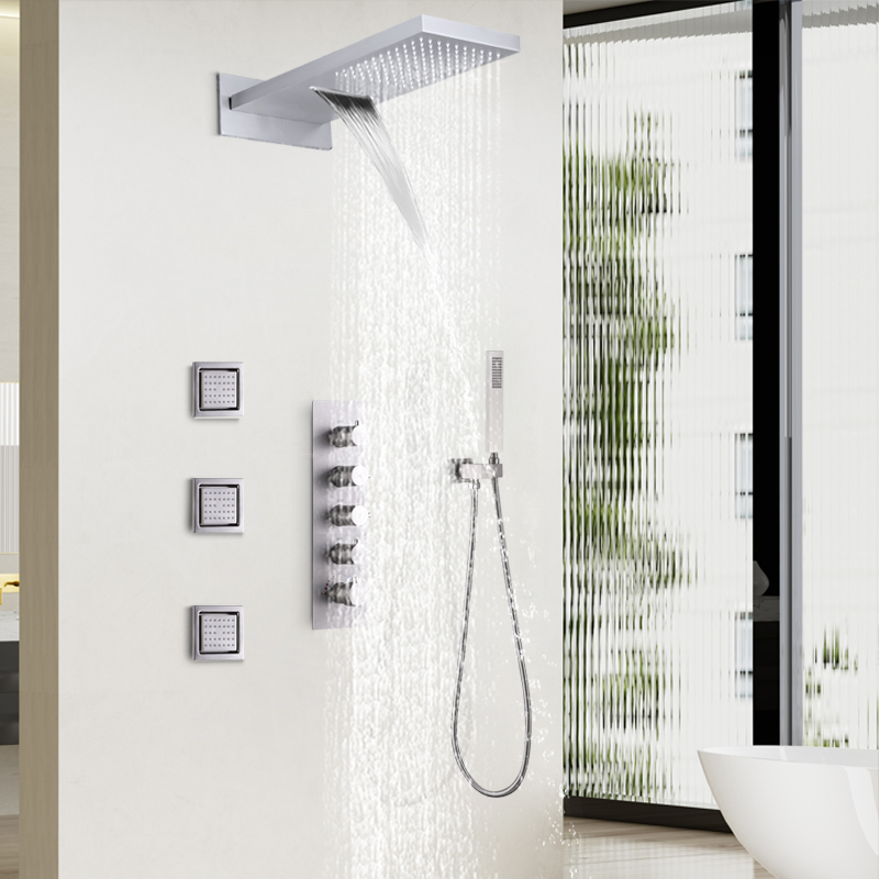 Grifo de ducha montado en la pared cepillado, juego de mezclador de ducha de baño, cabezal de ducha de cascada de lluvia