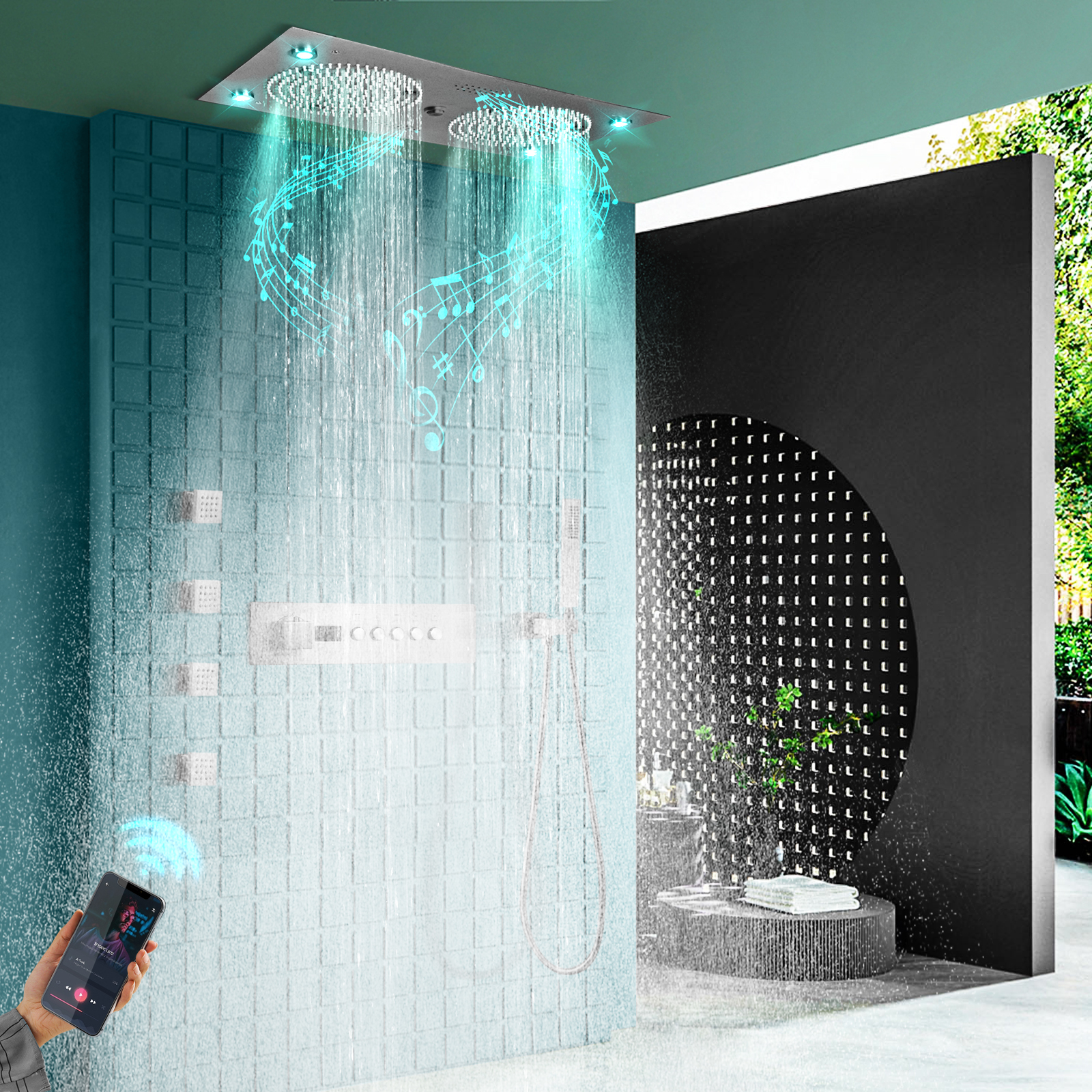 Gorros de ducha con música LED de 24,5x12,5 pulgadas, gorros de ducha con temperatura instantánea, muestra de temperatura, pilar de agua de madera seca