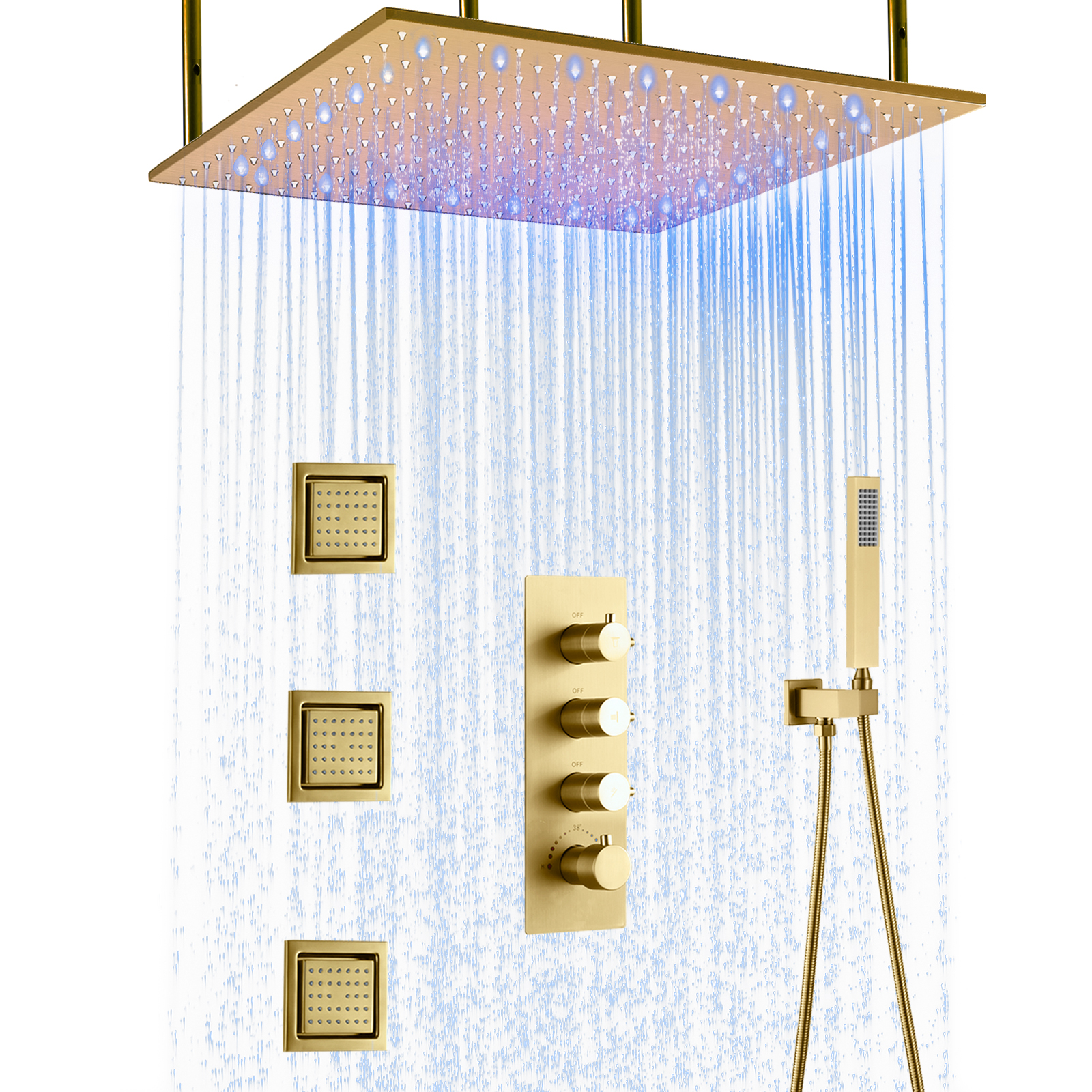 Juego de mezclador de ducha oculto dorado para baño y ducha montado en la pared con cabezal de ducha tipo lluvia