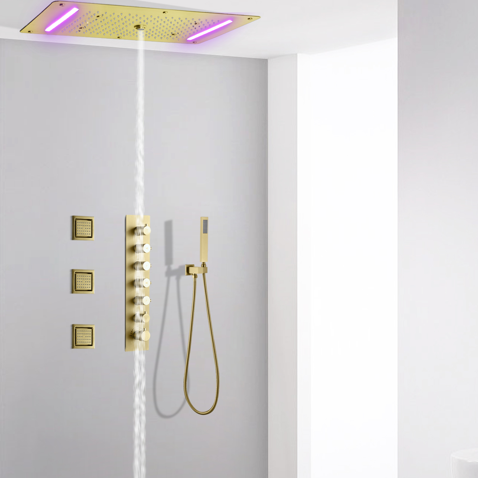 Sistema de ducha LED oculto para baño, grifo de ducha de lluvia en cascada, conjunto de masaje de columna de ducha con pulverizador, Oro pulido de lujo