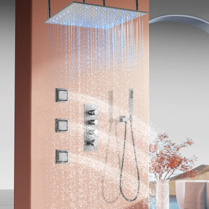 Grifo de ducha de lluvia cepillado de 50x50CM, conjunto de ducha de tres funciones montado en la pared de oro negro con cabezal de ducha de masaje con pulverización lateral