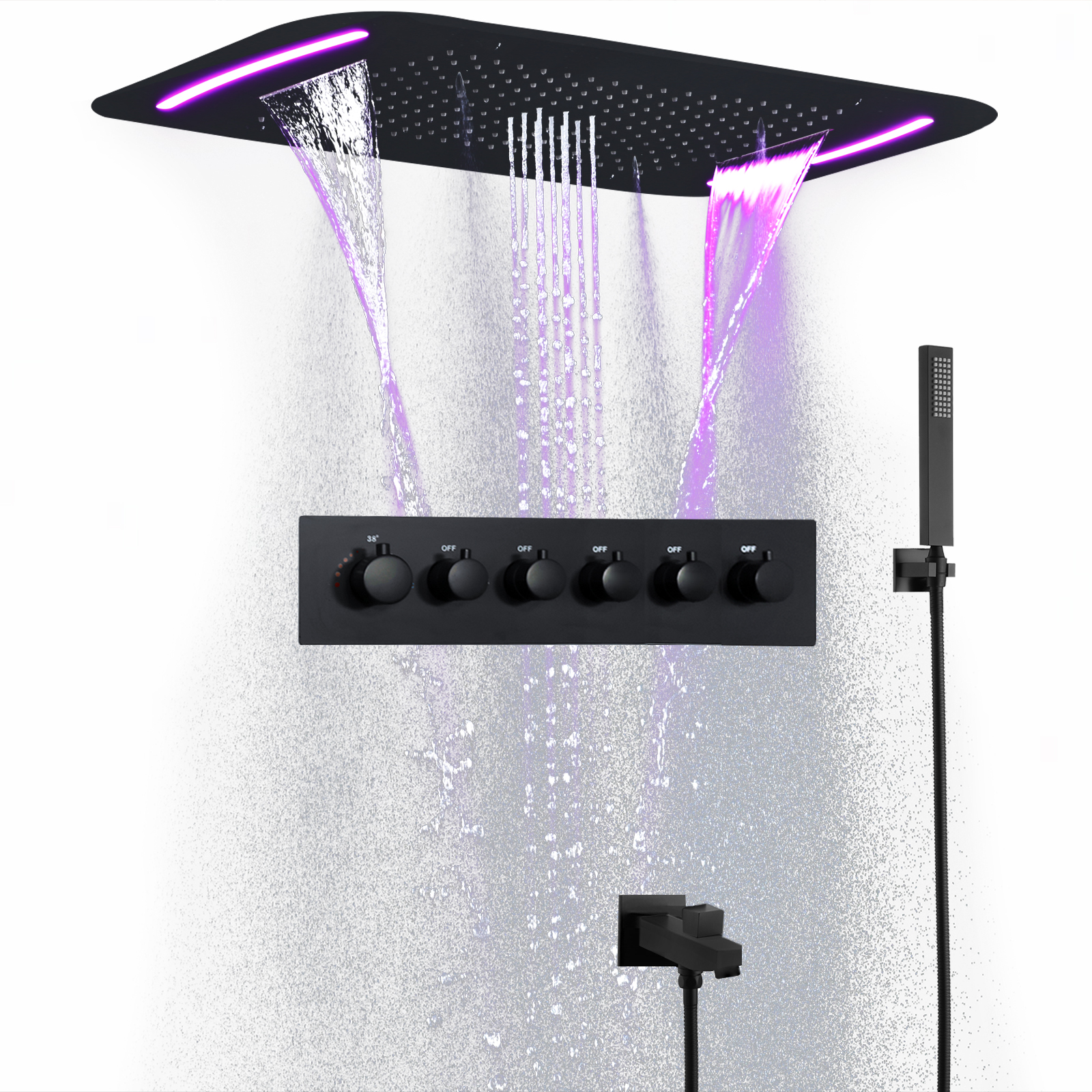Sistema de ducha LED negro de 71x43cm con techo, gran masaje, temperatura constante, cascada, cabezal de ducha de agua de lluvia, grifo mezclador