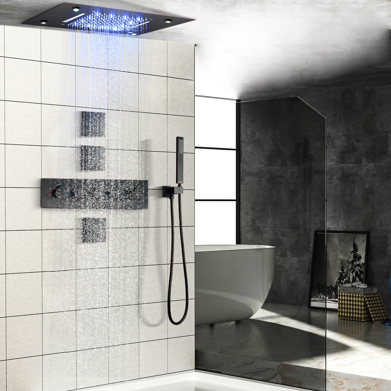 Sistema de ducha termostática de bronce frotado con aceite, juego de ducha oculta LED de 50x36 CM con cascada de Spa y lluvia