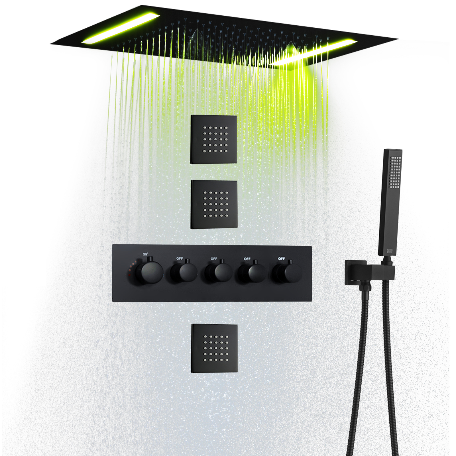 Juego de sistema de ducha de lluvia negro mate, cabezal de ducha LED de baño grande de 14X20 pulgadas, grifo termostático de lujo de latón, rociador de mensajes