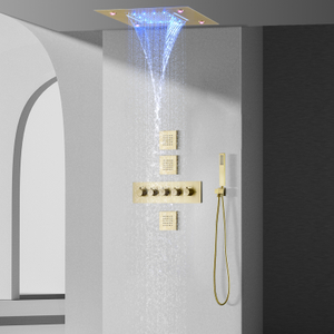 Sistema de ducha de lluvia termostática de oro cepillado mezclador de baño con cabezal de ducha tipo lluvia en cascada LED de 14 x 20 pulgadas