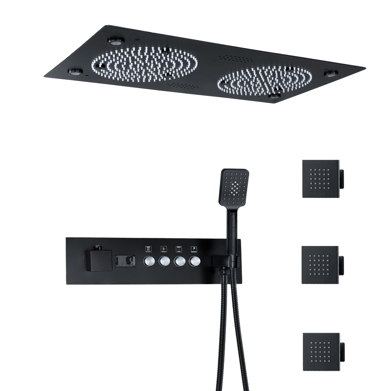 Sistema de ducha LED negro mate, cabezal de ducha de lluvia de 620x320MM con altavoz musical, juego de Grifo de ducha de baño termostático