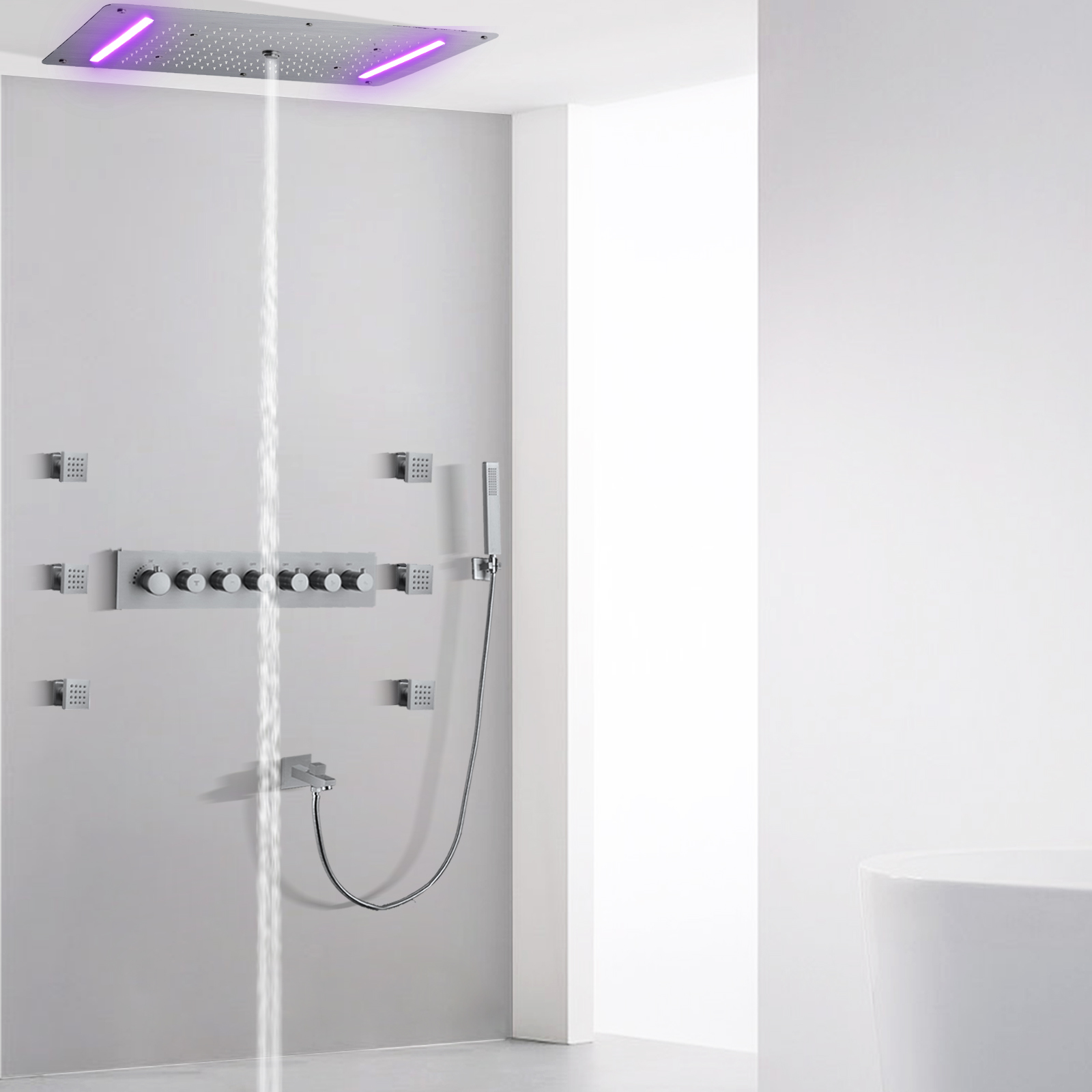 Juego de grifería de ducha termostática de níquel cepillado, LED de 70x38 CM, ducha de masaje de burbujas atomizadora en cascada para baño
