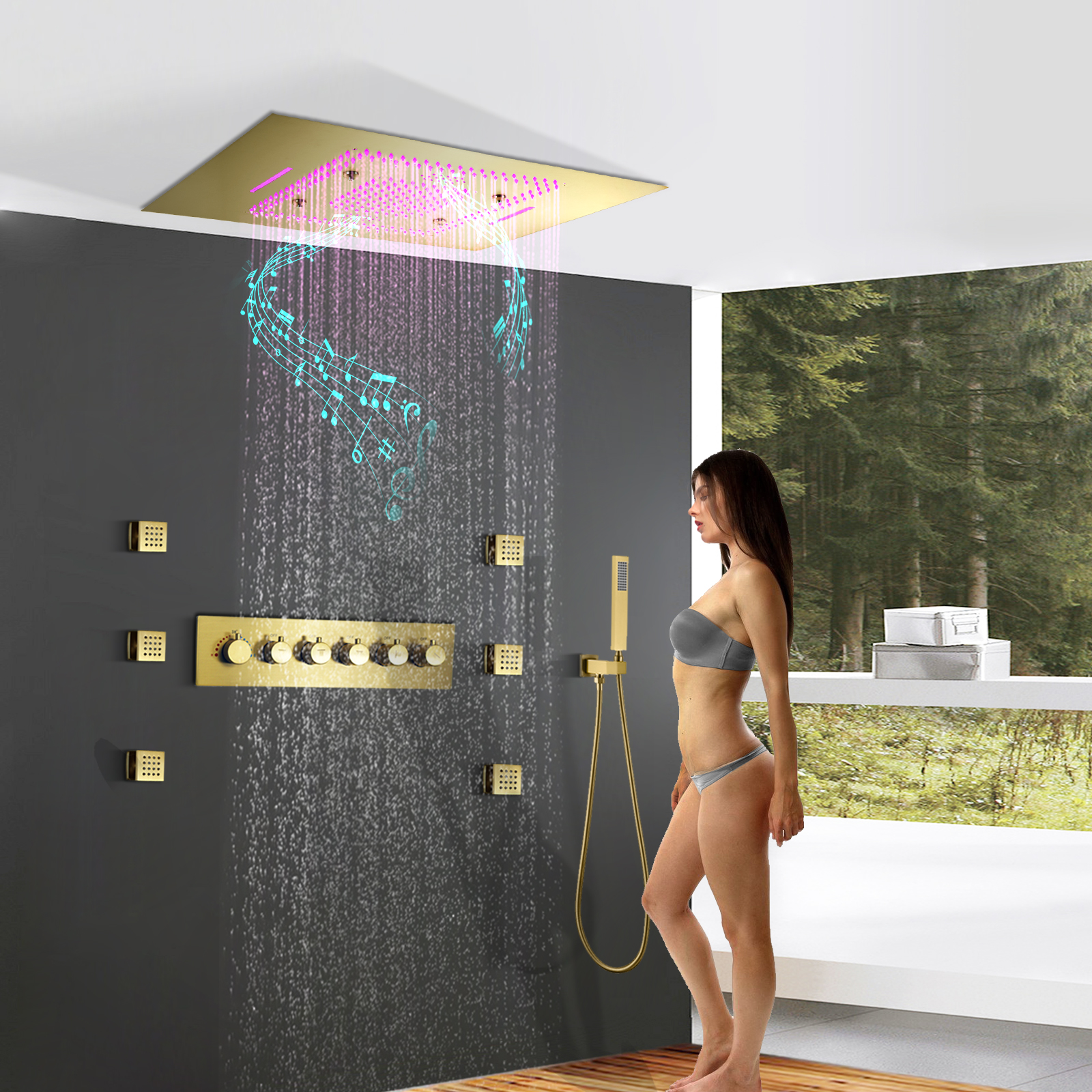 Sistema de ducha de baño de lujo, cabezal de ducha Led de 24x32 pulgadas con altavoz musical, juego de ducha termostática de lluvia y cascada