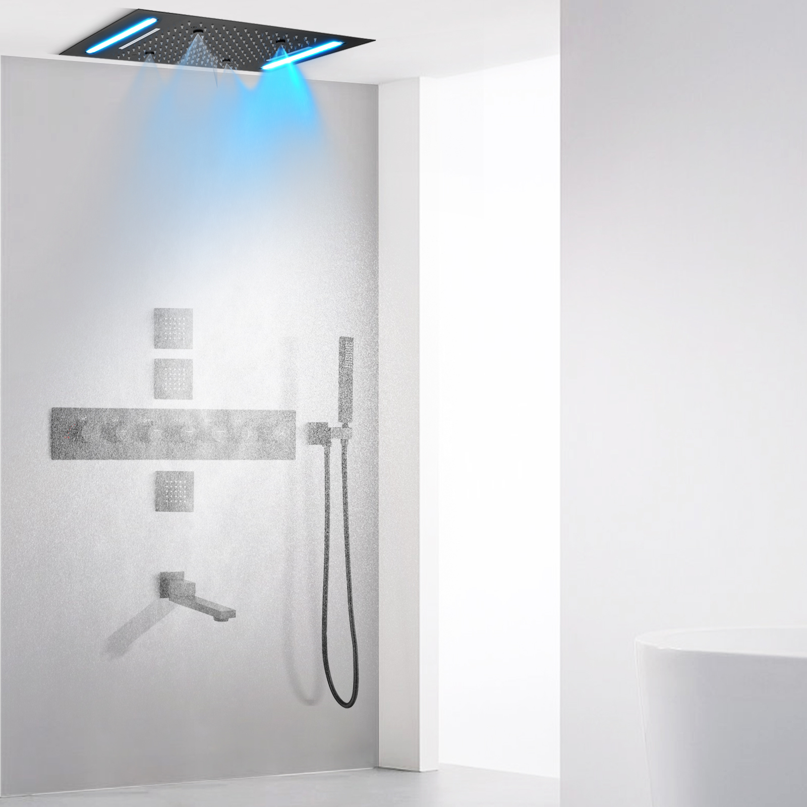 Juego de mezclador de ducha negro mate, 50x36 CM, con Panel de Control LED, cascada de baño, ducha de Spa atomizadora