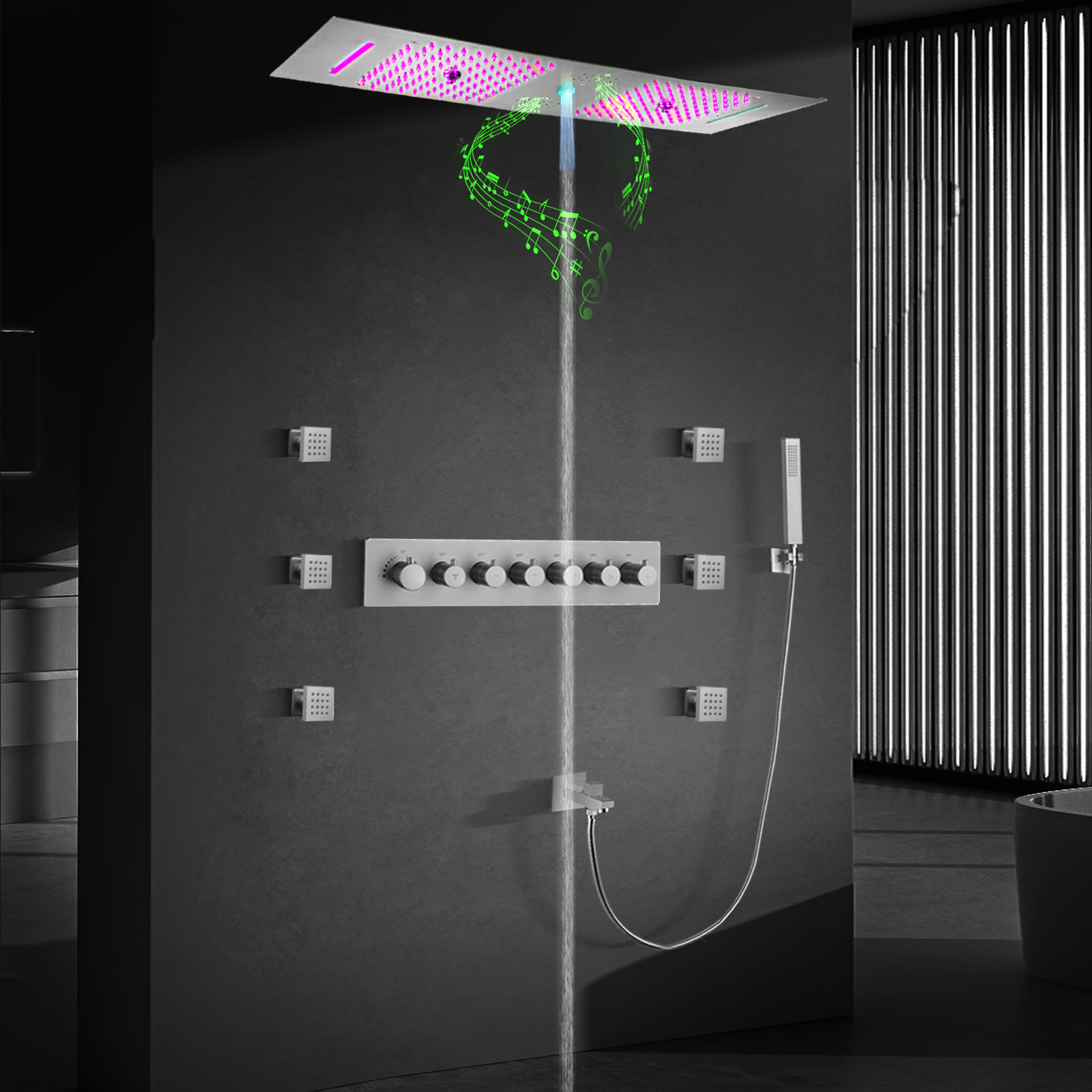 Juego de ducha LED tipo lluvia de estilo contemporáneo con mosaico cepillado y cabezal de ducha musical
