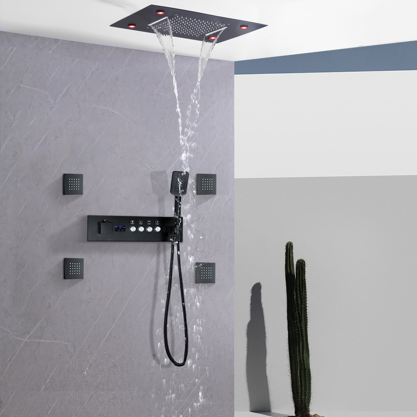 Juego de grifería de ducha de 500x360MM, pantalla Digital de temperatura constante, mezcladores de ducha ocultos para baño LED negro mate