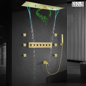 Cabezal de ducha LED de Oro pulido con altavoz musical, juego de grifería de ducha termostática para baño empotrado en techo de ducha doble, altavoz musical