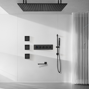 Sistema de cabezal de ducha LED de agua de lluvia grande para baño montado en la pared negro en el techo, baja la salida de agua
